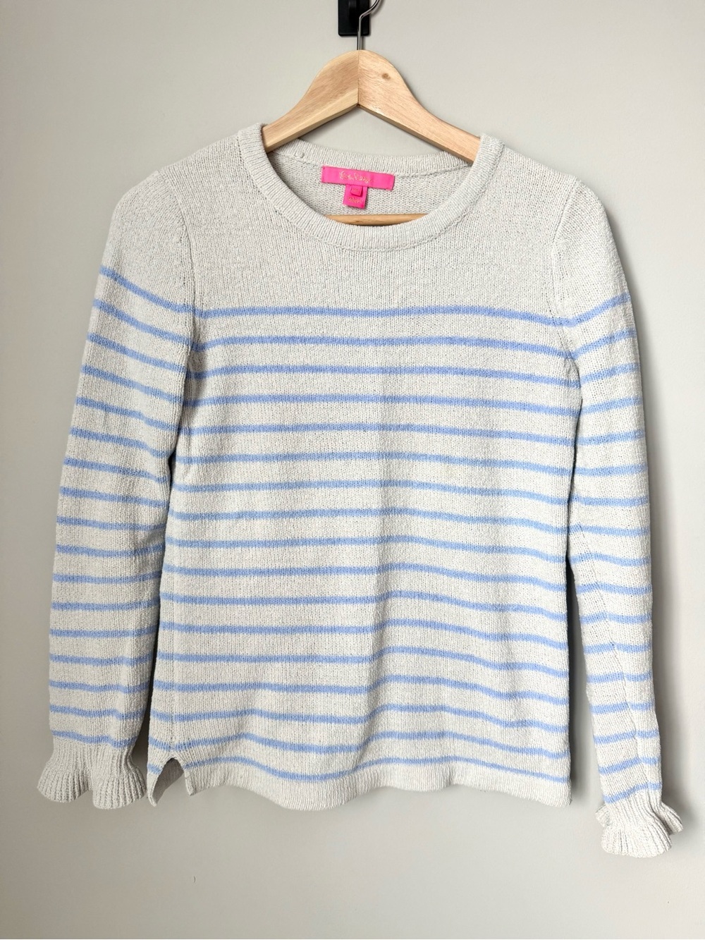 Lilly Pulitzer Soft Striped Sweater with Light Blue Stripes with Ruffle Cuffs